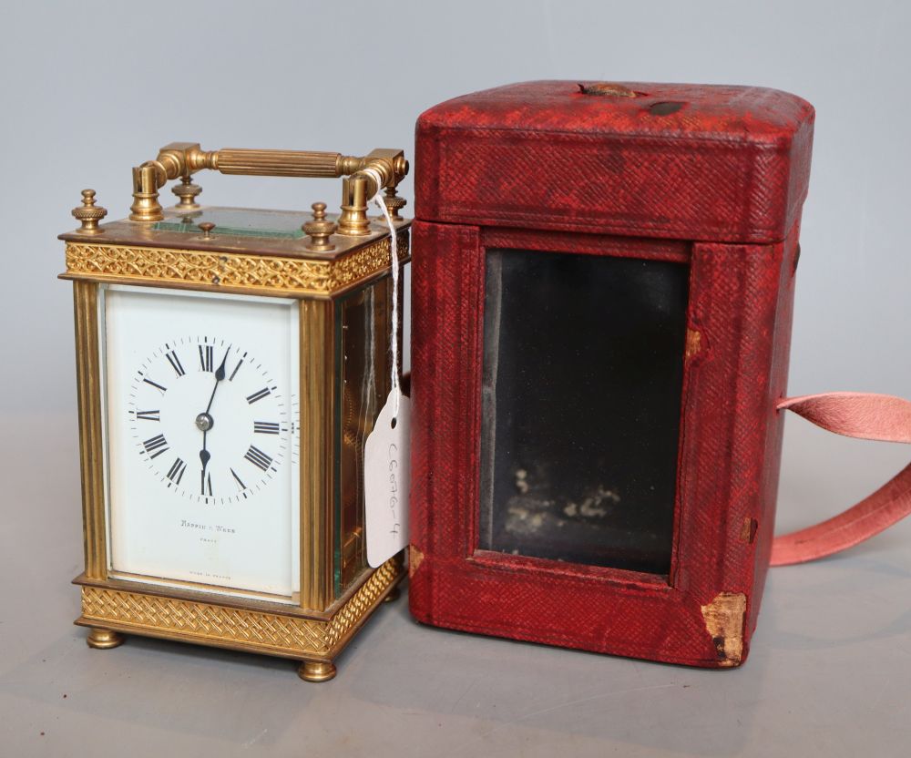 A French brass repeating carriage clock by Mappin & webb, cased
